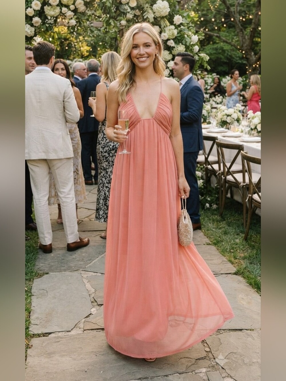 STAUD Pink and Peach Ruched Mesh Maxi Dress M